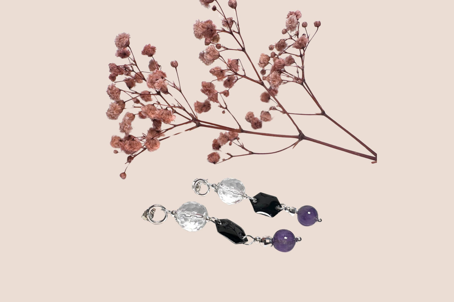 Boucles d’Oreilles en Argent 925 avec Perles de Cristal et Améthyste – Élégance et Énergie Positive