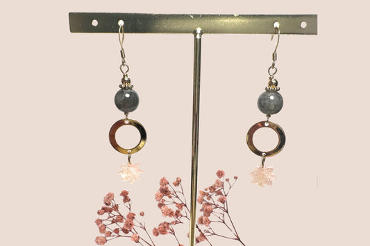 Boucles d’Oreilles en Acier Inoxydable avec Résine Rose et Labradorite – Féminité et Protection