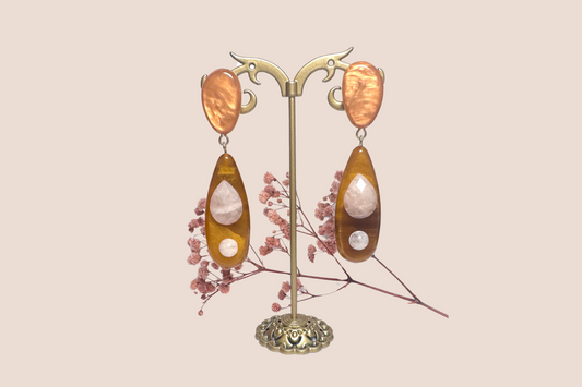 Boucles d'Oreilles Résine Saumon et Quartz Rose – Douceur et Harmonie