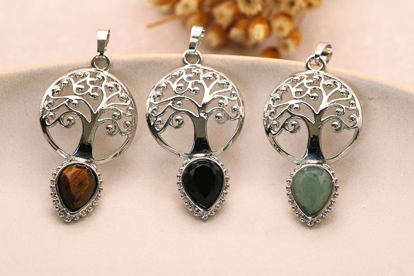Pendentif Arbre de Vie en Pierre Naturelle et Acier Inoxydable - Harmonie et Énergie